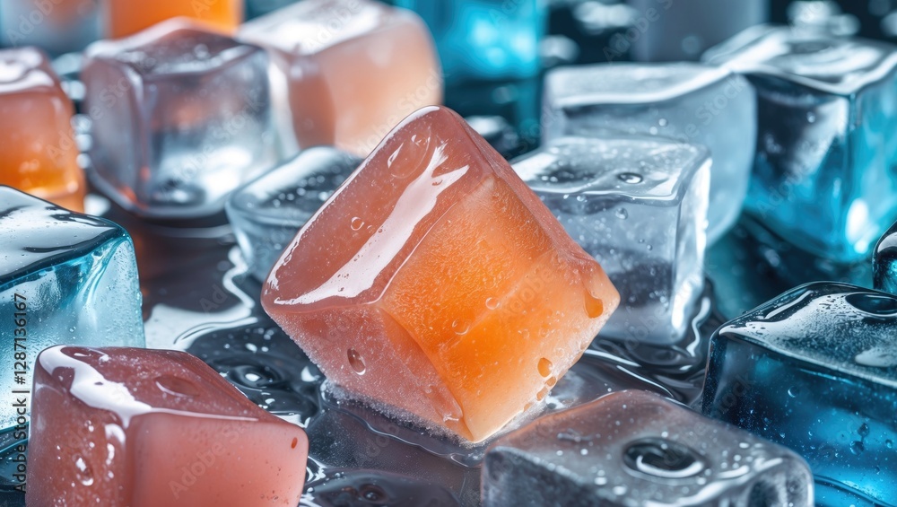Poster Colorful ice cubes with droplets reflecting light on a dark surface creating a refreshing and cool beverage background.