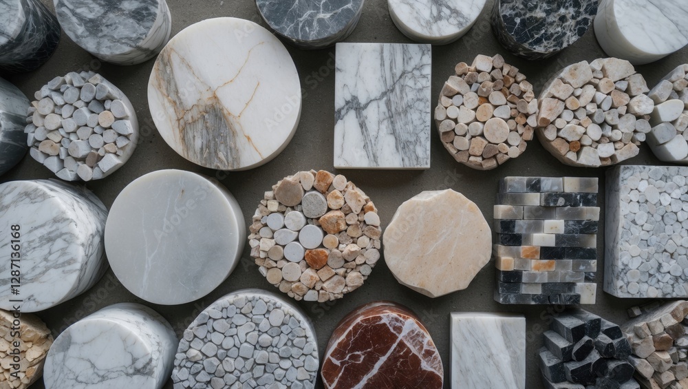 Aufkleber various types of marble samples arranged in a display showcasing natural stone textures and colors o