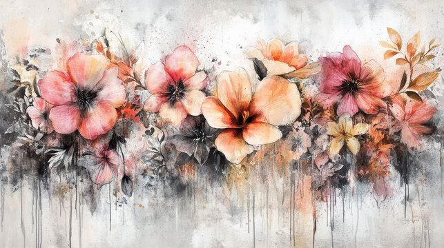 A masterful watercolor illustration of a dynamic floral composition, featuring vividly detailed blossoms and foliage in warm, harmonious tones