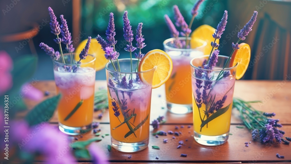 Poster Refreshing Citrus Beverages with Lavender Garnish on Wooden Table Perfect for Summer Gatherings and Events with Copy Space for Text