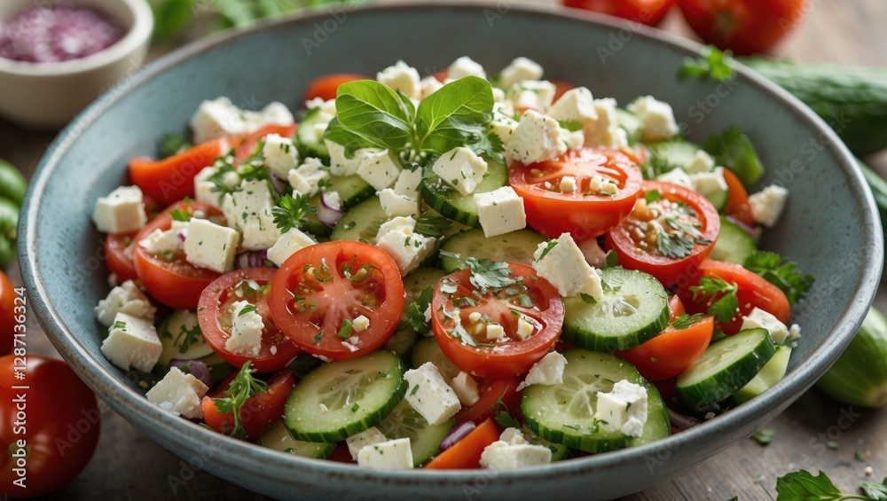 Poster fresh and colorful tomato cucumber feta salad garnished with herbs in a rustic bowl, perfect for sum