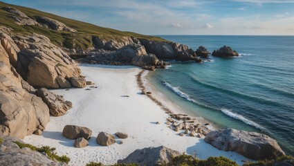 Fototapeta premium Scenic Coastal Landscape with Rocky Shoreline and White Sand Beach Under Clear Blue Sky