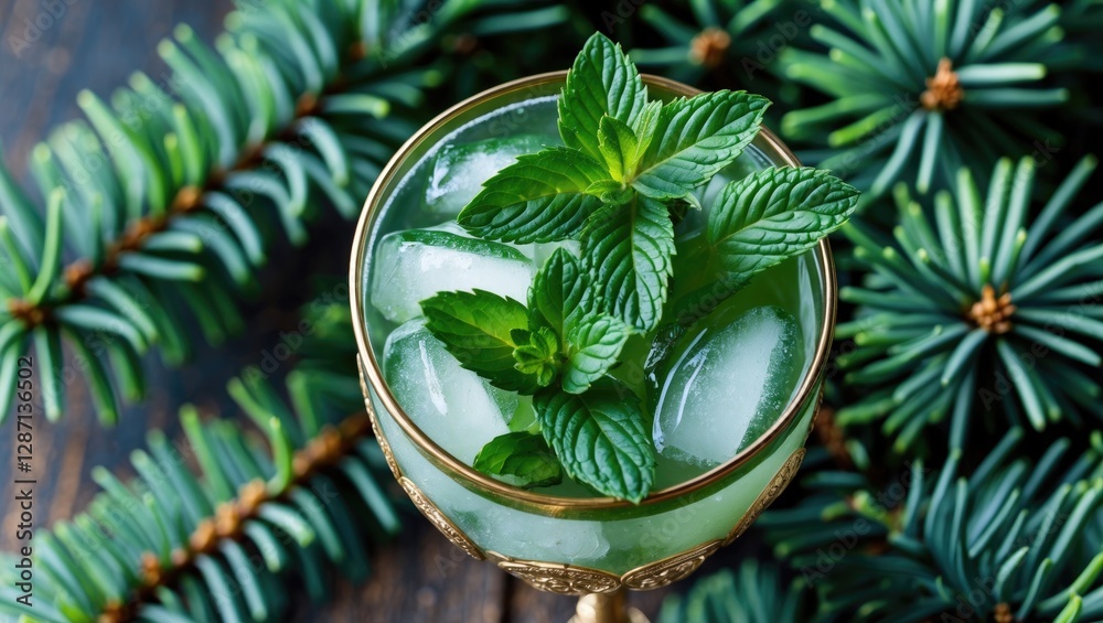 Poster refreshing juniper mint julep cocktail garnished with mint leaves placed on a background of lush con