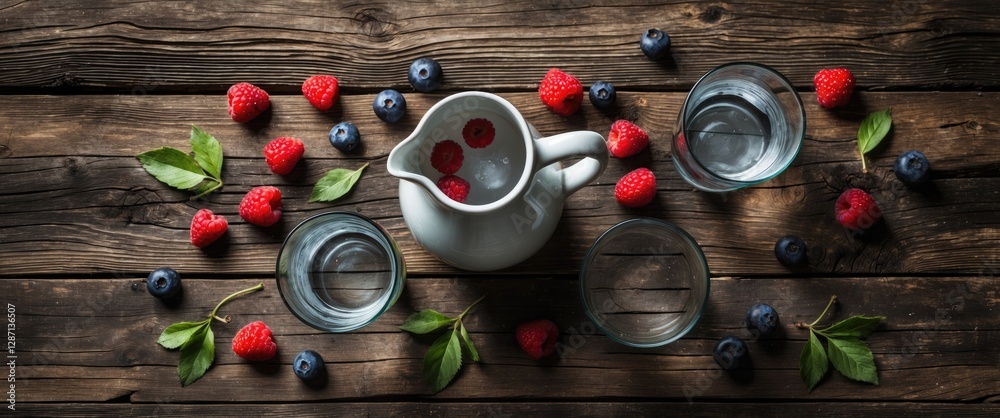 Poster refreshing water jug and glasses surrounded by fresh berries on rustic wooden surface with blank spa