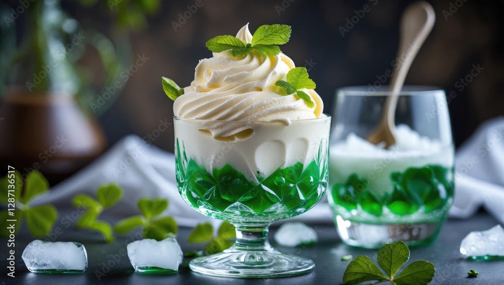 Poster Irish Cream Dessert with Mint Garnish in Crystal Glass on Dark Background with Empty Space for Text or Branding