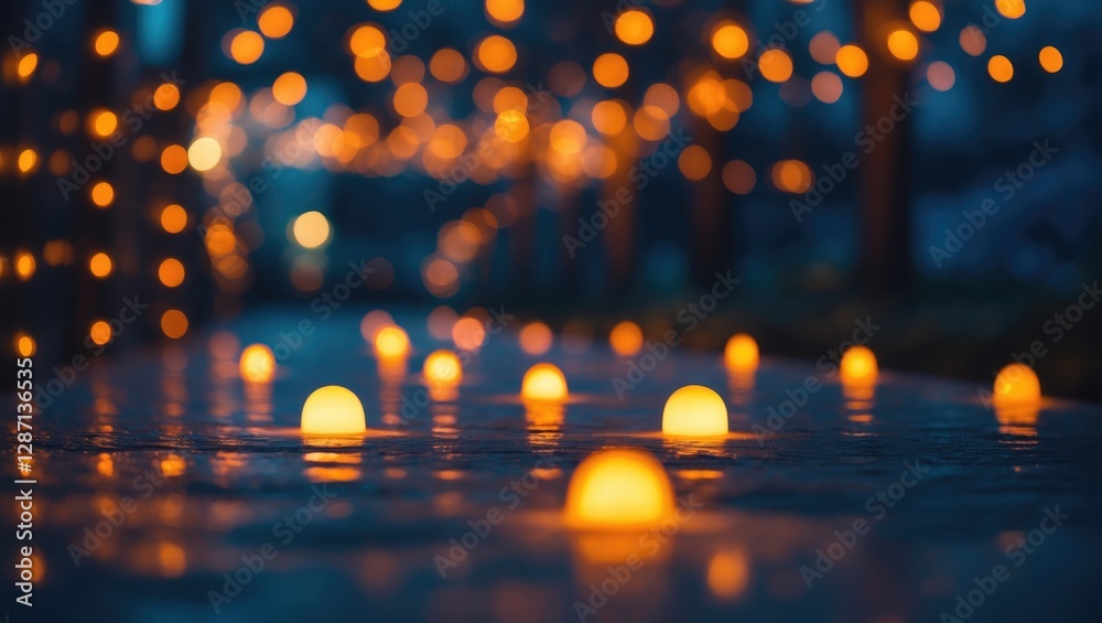 Aufkleber Glowing decorative lights illuminating a pathway at night creating a warm and inviting atmosphere with a dreamy blurred background.