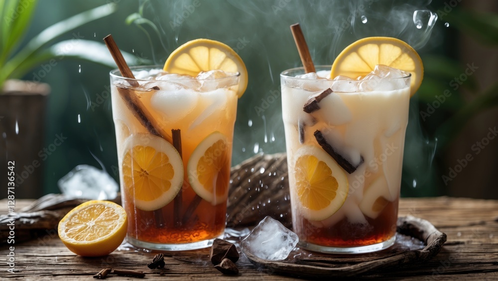 Poster refreshing iced tea with lemon and creamy layers served in elegant glasses on rustic table