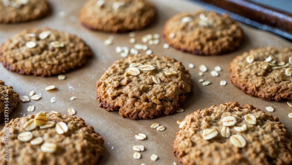 Poster homemade soft and chewy oatmeal cookies arranged on kraft baking paper with scattered oats for a rus
