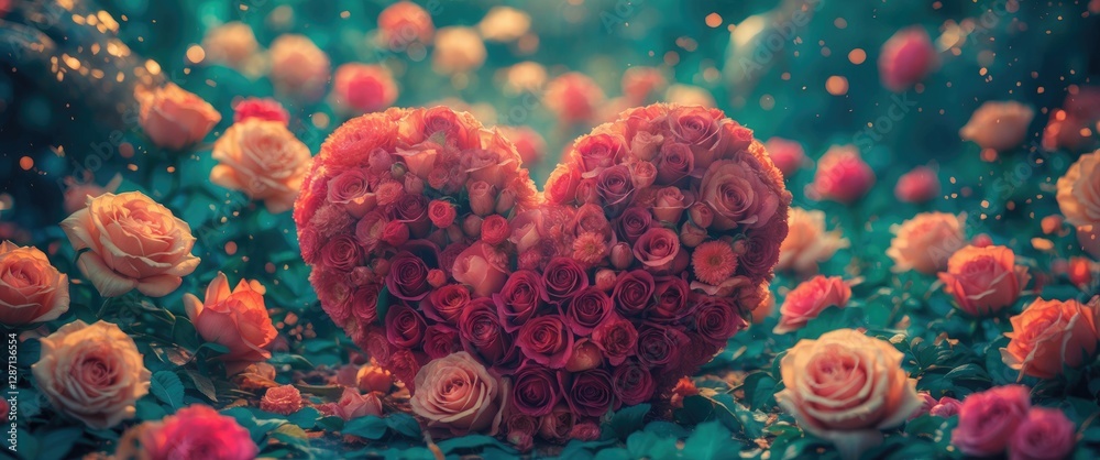 Poster heart-shaped arrangement of vibrant roses surrounded by lush blooms creating a romantic and enchanti