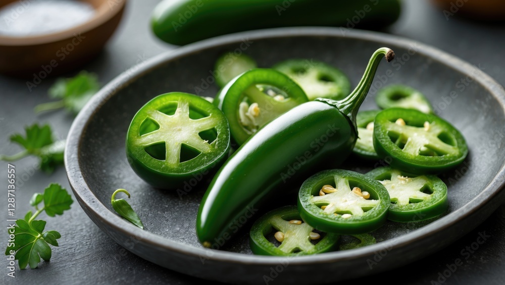 Poster fresh jalapeno peppers and sliced rounds on a dark plate ideal for culinary and food styling concept
