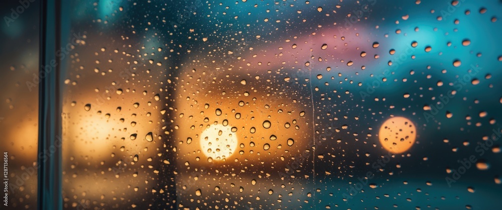 Poster water droplets on a glass window with a blurred background illuminated by warm light reflections dur