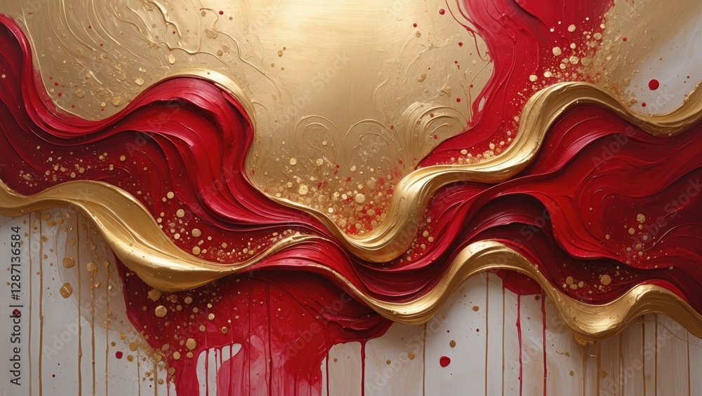 Aufkleber bold rubies and shimmering gold coalesce in a modern abstract painting, showcasing waves of color an