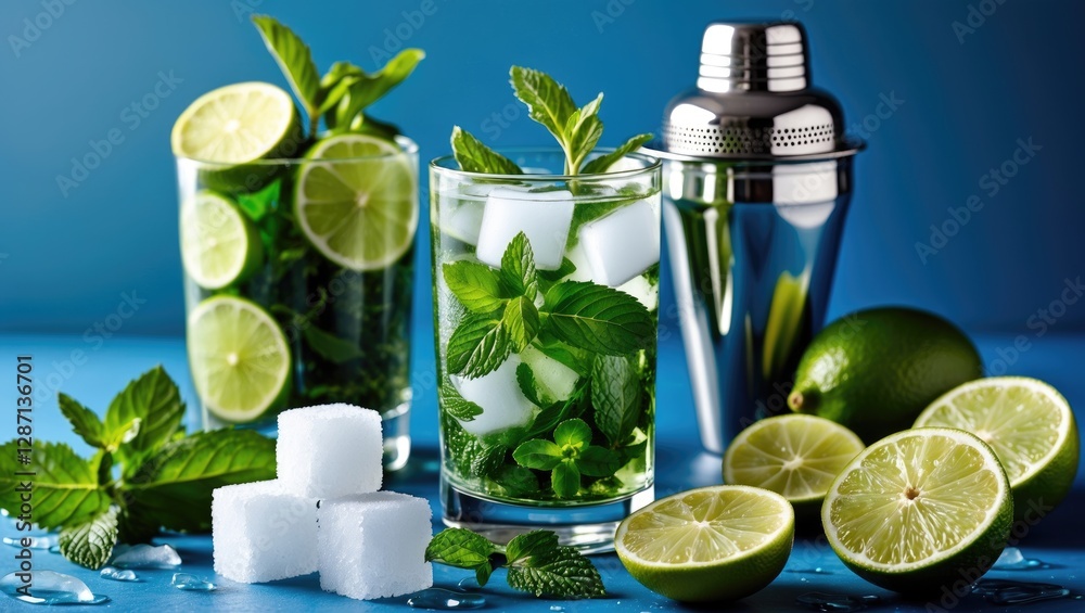 Aufkleber Ingredients and tools for crafting a refreshing mojito with lime mint sugar and ice on a blue background with space for text.