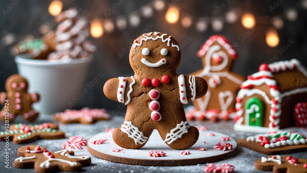 Poster festively decorated gingerbread cookies on a plate with empty space for holiday text and warm backgr