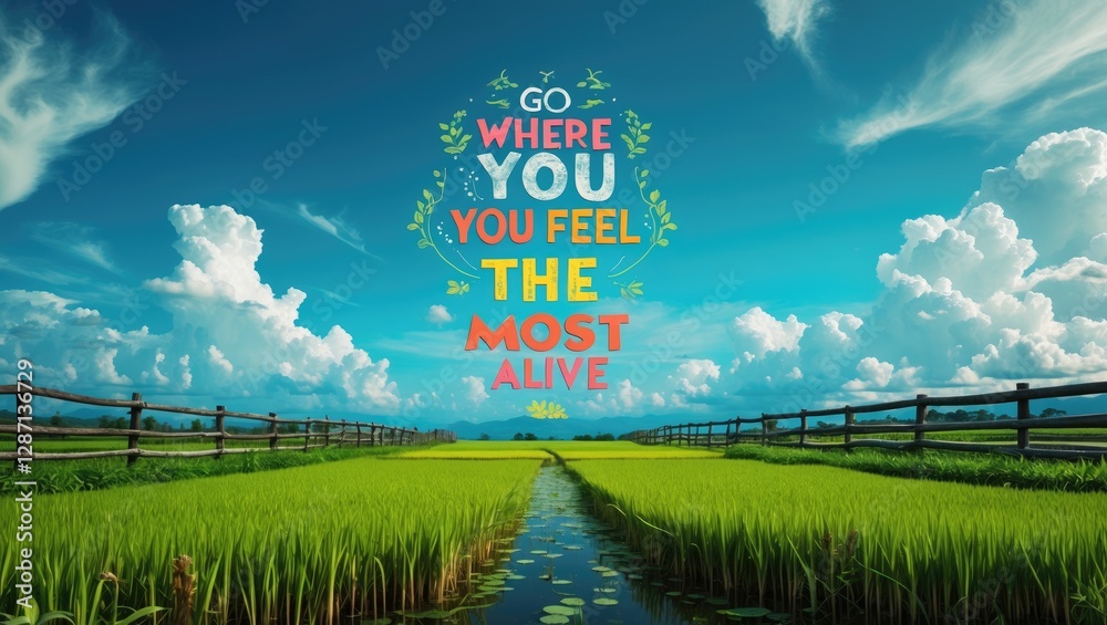 Aufkleber inspirational quote amidst vibrant paddy fields under a blue sky with clouds and wooden fence symbol