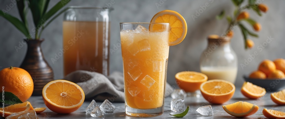 Poster Refreshing Orange Juice with Ice and Fresh Oranges on Table with Copy Space for Text