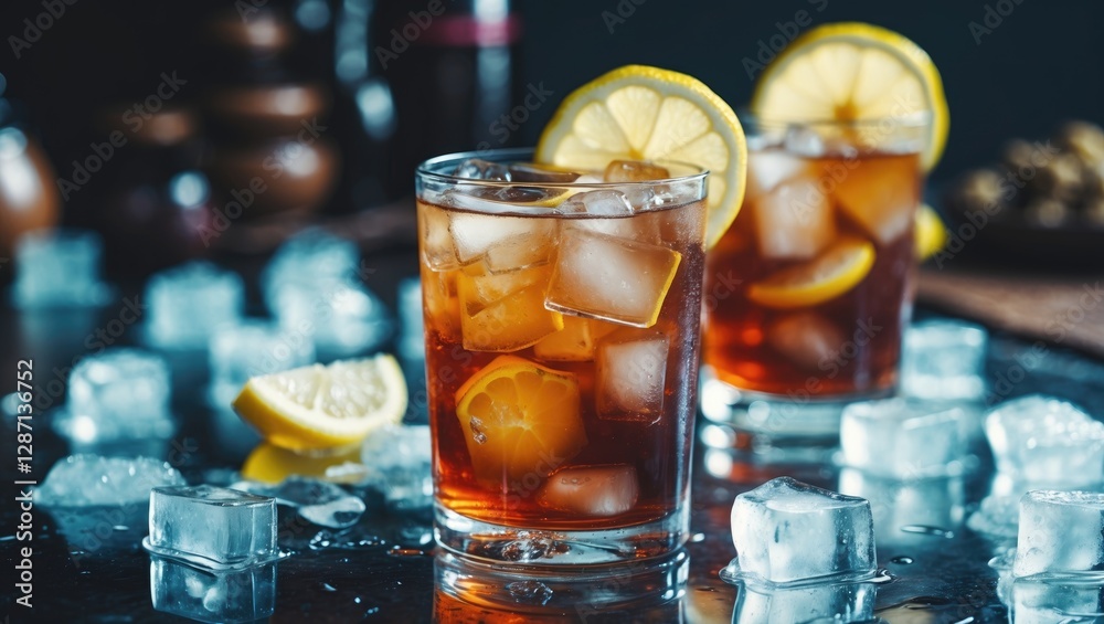 Aufkleber Refreshing Iced Tea Cocktail with Ice and Lemon Slices on Dark Surface with Ice Cubes and Empty Space for Custom Text Branding