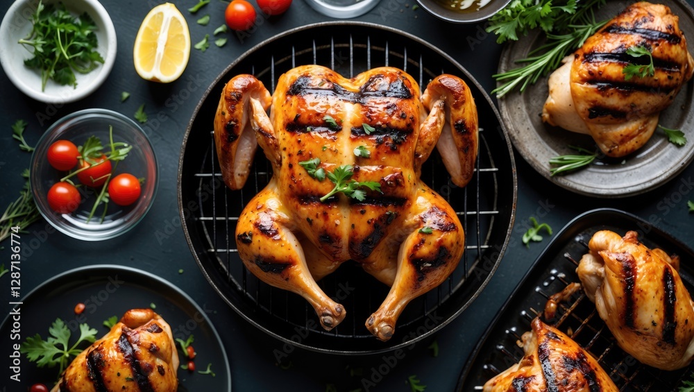 Aufkleber grilled whole chicken on a plate surrounded by fresh ingredients and flavorful herbs with space for 