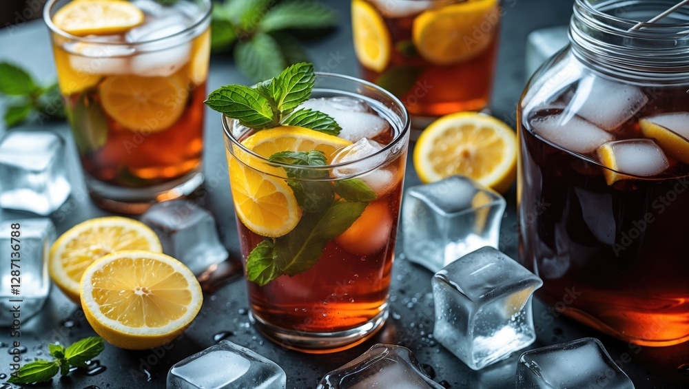Poster refreshing iced tea with lemon and mint garnish perfect for summer enjoyment with ice cubes on a dar