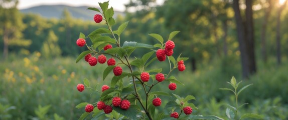 Lemonade berry plant with ripe red fruits in a serene wilderness park during early summer featuring ample space for text insertion