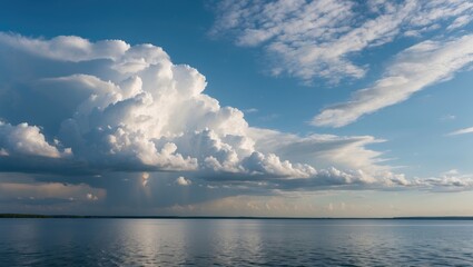Obraz premium Dramatic High Clouds Reflecting in Calm Water Under a Clear Blue Sky on a Summer Afternoon