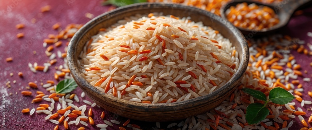 Aufkleber Basmati rice with colorful grains displayed in a rustic bowl on a textured background with scattered rice and fresh leaves