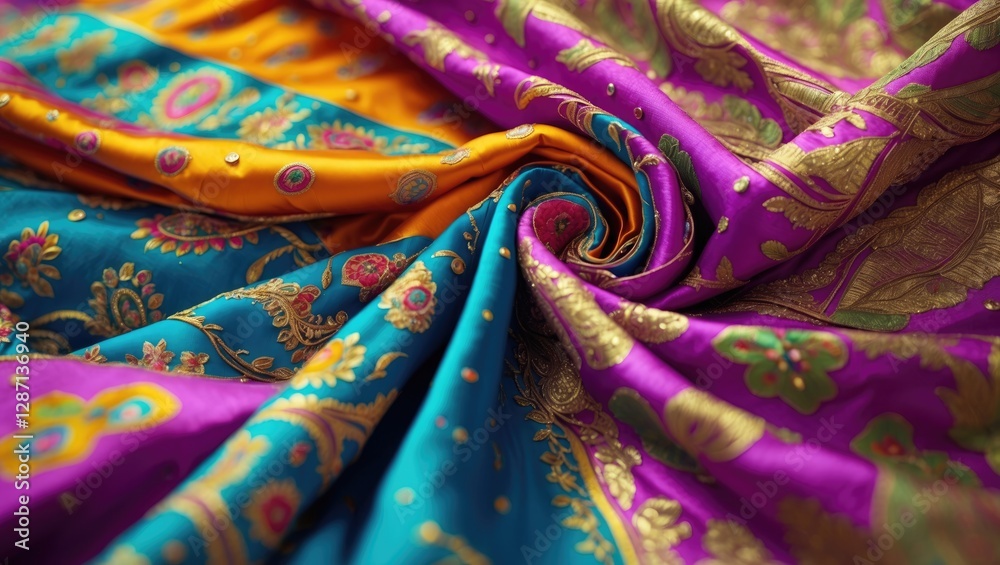Poster vibrant indian silk fabric with intricate patterns showcasing rich colors and textures ideal for tex