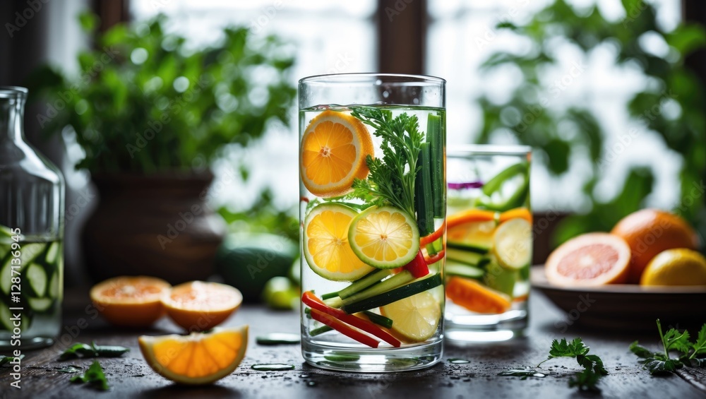 Poster refreshing infused water with colorful vegetables and citrus slices in clear glasses on rustic woode