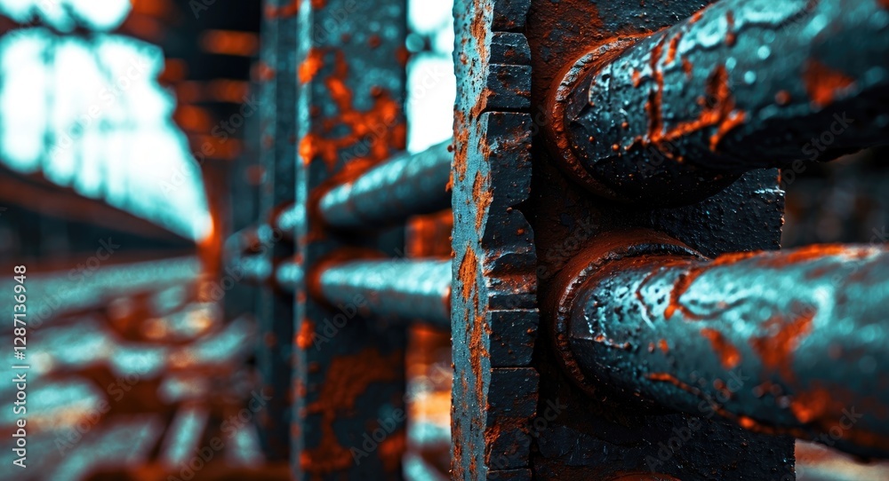 Poster Rusty rebar and iron structure in a grunge aesthetic showcasing texture and industrial elements with a bold contrasting color scheme.