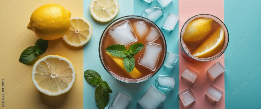 Poster refreshing iced tea with lemon and mint on a colorful background with ice cubes perfect for summer b