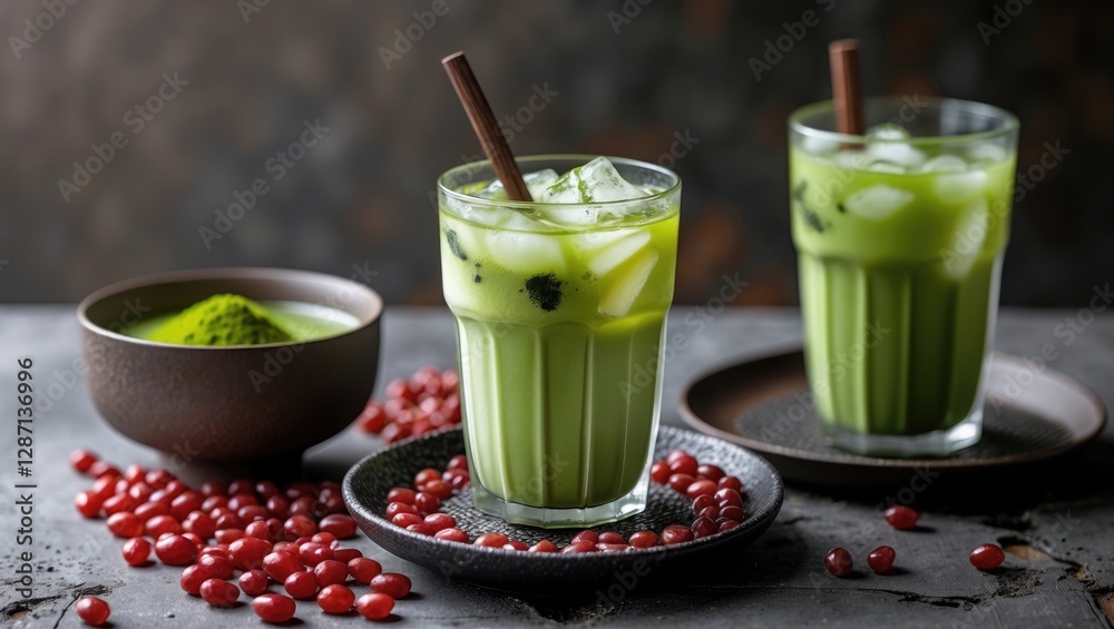 Poster Refreshing Iced Matcha Green Tea with Red Beans and Matcha Powder on Table with Copy Space for Text or Branding in Natural Light