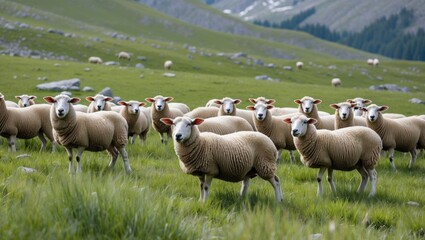 Fototapeta premium Sheep Grazing in Lush Green Mountain Meadow with Scenic Natural Landscape in Background