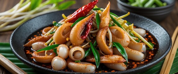 Chili Fried Squid and Bean Sprouts on Black Plate with Fresh Ingredients and Empty Space for Text in Malaysian Culinary Style