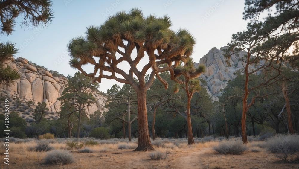Poster Joshua Tree and Forest Landscape in National Preserve with Vast Empty Space for Text and Scenic Rocky Backdrop