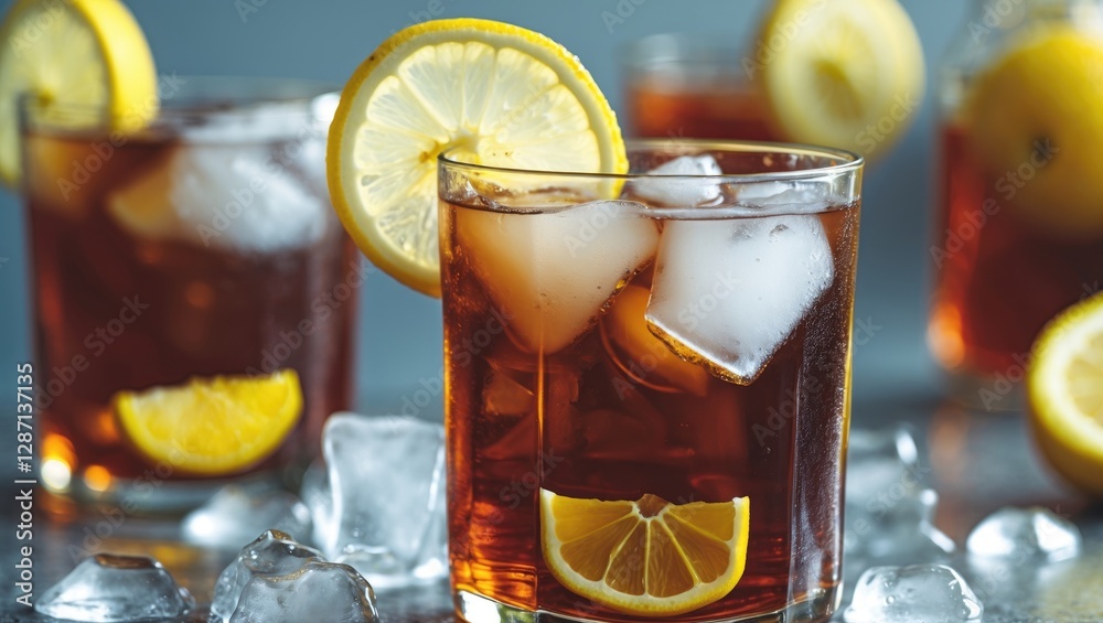 Poster Refreshing Iced Tea with Lemon Slices and Ice in Glasses Surrounded by Ice Cubes on a Reflective Surface with Copy Space for Text