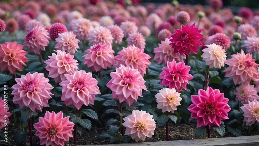 Poster vibrant flower bed featuring diverse dahlias in shades of pink with ample space for text overlay and