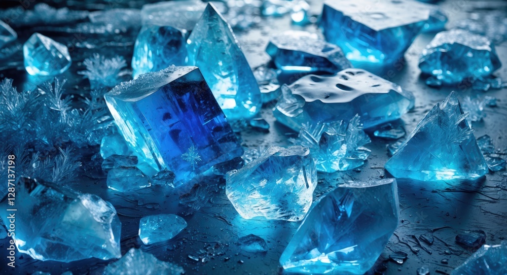 Leinwandbilder Blue ice crystal texture showcasing a frosty surface with various ice shapes reflecting light in a cold ambient environment.