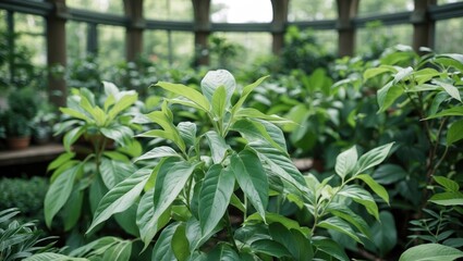 Obraz premium Lush green foliage in a botanical park showcasing vibrant oxygen-producing plants in a serene natural setting.