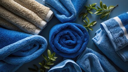 Elegant Collection of Soft Blue Towels with Green Leaves on a Calm Surface for Relaxation and Self-Care Moments