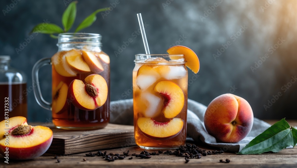 Poster refreshing iced tea infused with fresh peaches and nectarines perfect for summer beverage promotions
