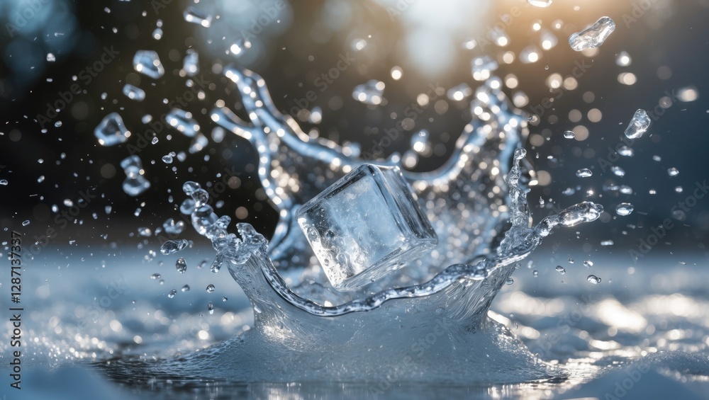 Leinwandbilder crystal clear ice cube splashing in water with dynamic bokeh and sunlight reflections creating a fre