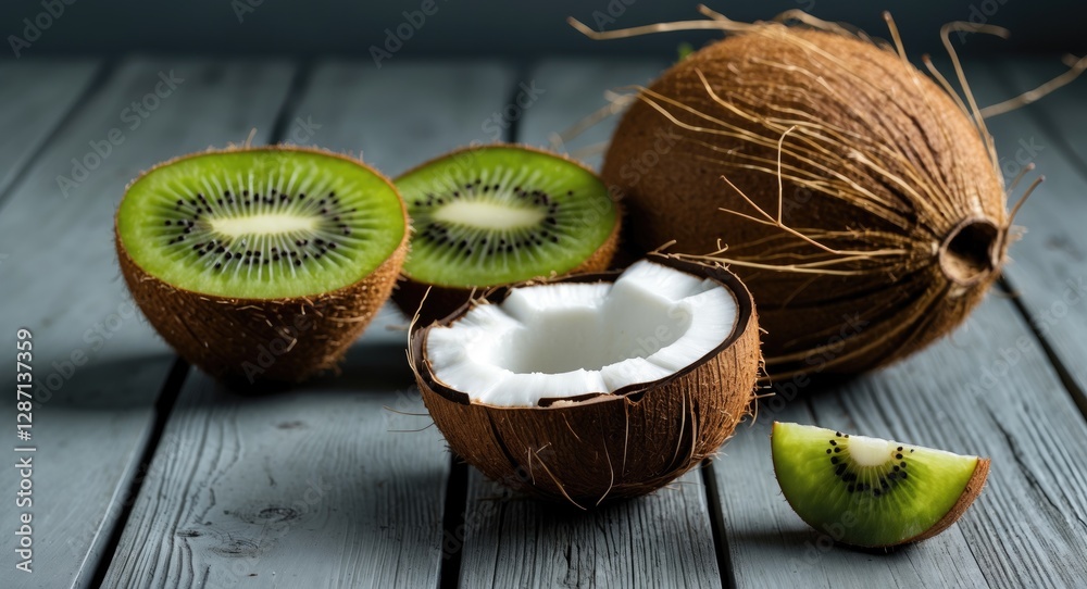 Poster fresh kiwi and coconut halves displayed on a rustic grey wooden table for delicious tropical fruit c