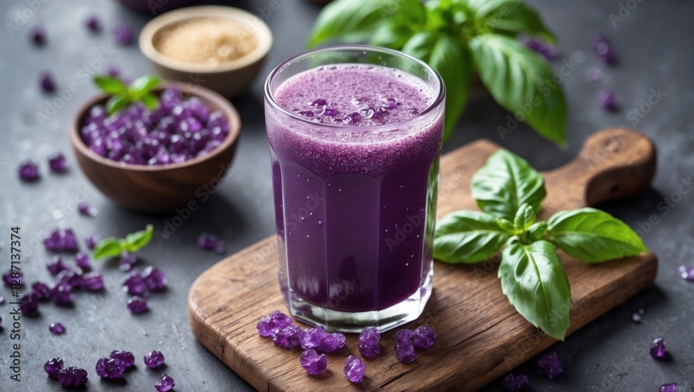 Poster sugar free purple basil juice in glass with fresh ingredients and empty space for text on dark backg