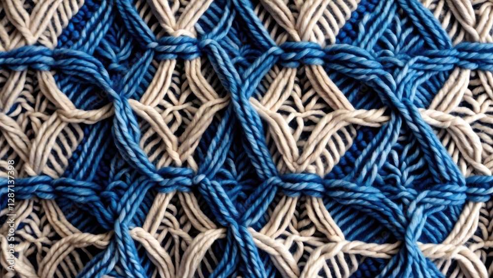 Poster close-up of a textured knitted fabric featuring a vibrant blue and beige pattern, ideal for showcasi