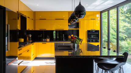 A stylish kitchen in an apartment, with granite countertops, modern appliances, and barstools at a breakfast island
