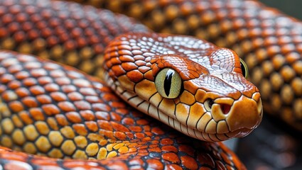 Fototapeta premium Close-up view of vibrant Mandarin Ratsnake showcasing unique scales and striking eye patterns in a detailed macro photography shot.