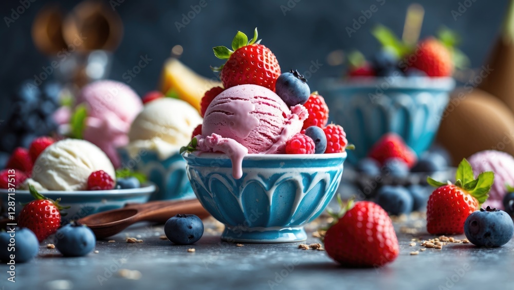 Poster Delicious ice cream scoops with berries in elegant bowls on a table with vibrant fruits and empty space for your creative text.