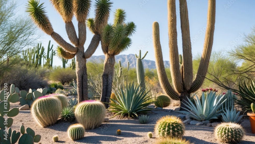 Poster desert landscape featuring joshua trees cacti succulents under bright summer sunlight with space for
