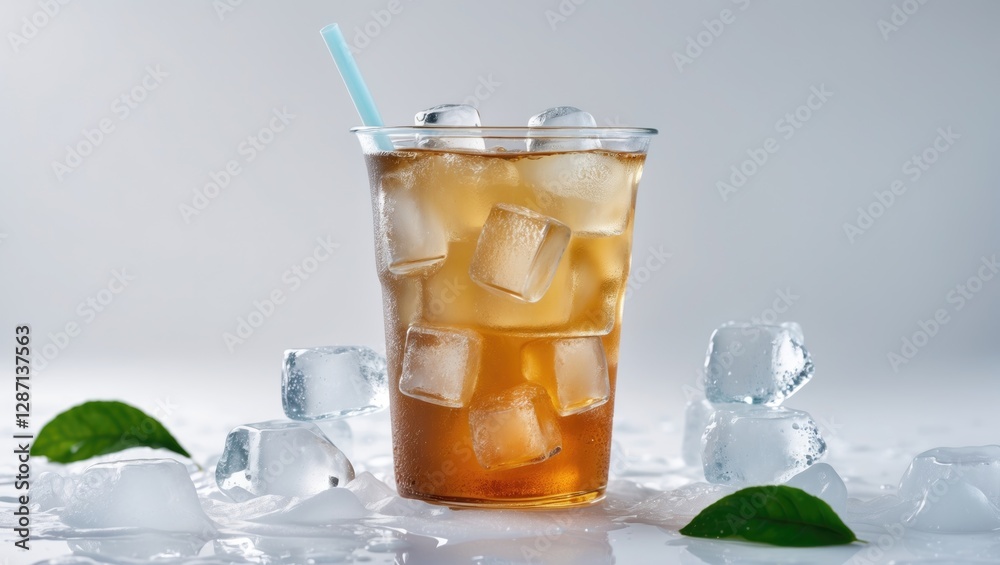 Aufkleber Refreshing Iced Oolong Tea in Clear Cup with Ice Cubes and Straw on White Background with Copy Space for Text
