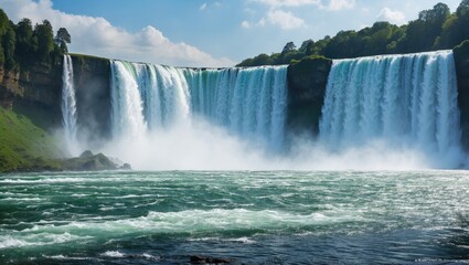 Majestic Waterfall Cascading Into Lush River Surrounded By Greenery And Misty Spray Ideal For Nature and Travel Themed Content